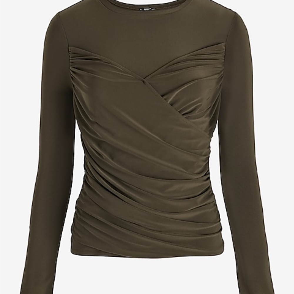 Crew Neck Olive Green Long Sleeve Wrap Front Top